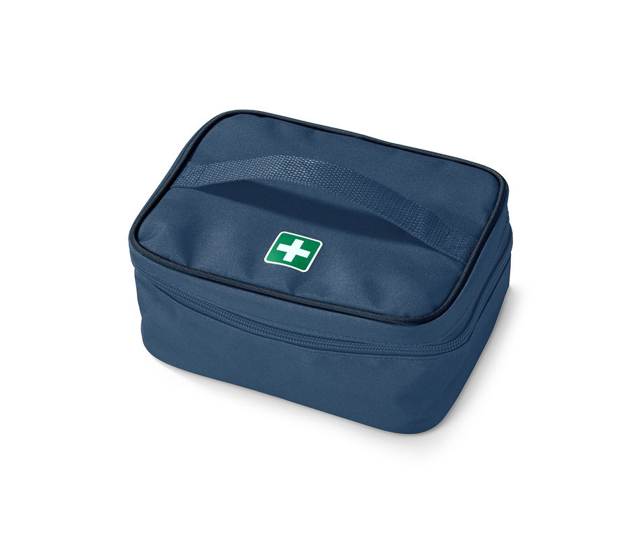 Saplı ve yeşil haçlı mavi ilaç çantası.