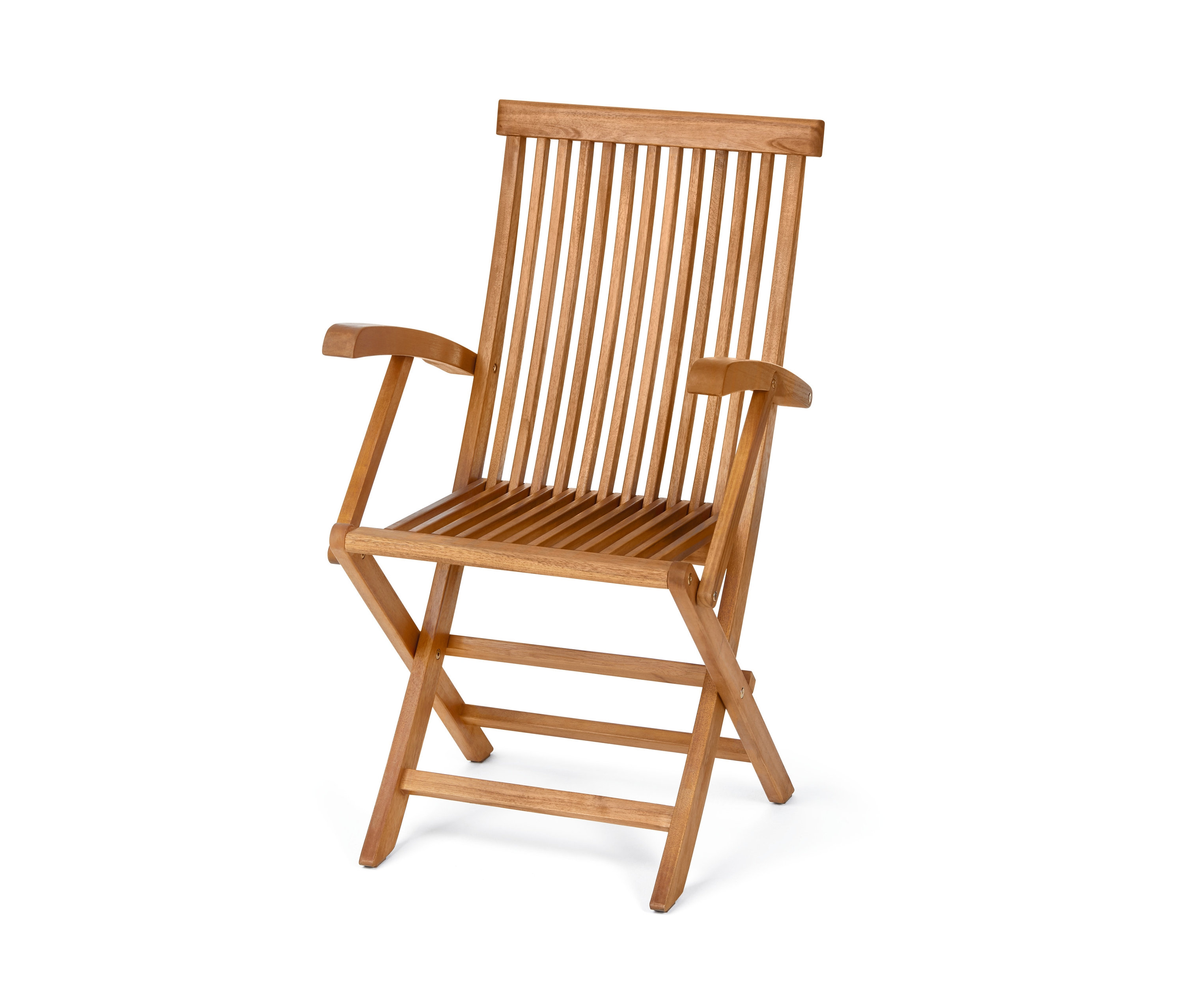 Akasya ağacından yapılmış, kolçaklı katlanır sandalye.