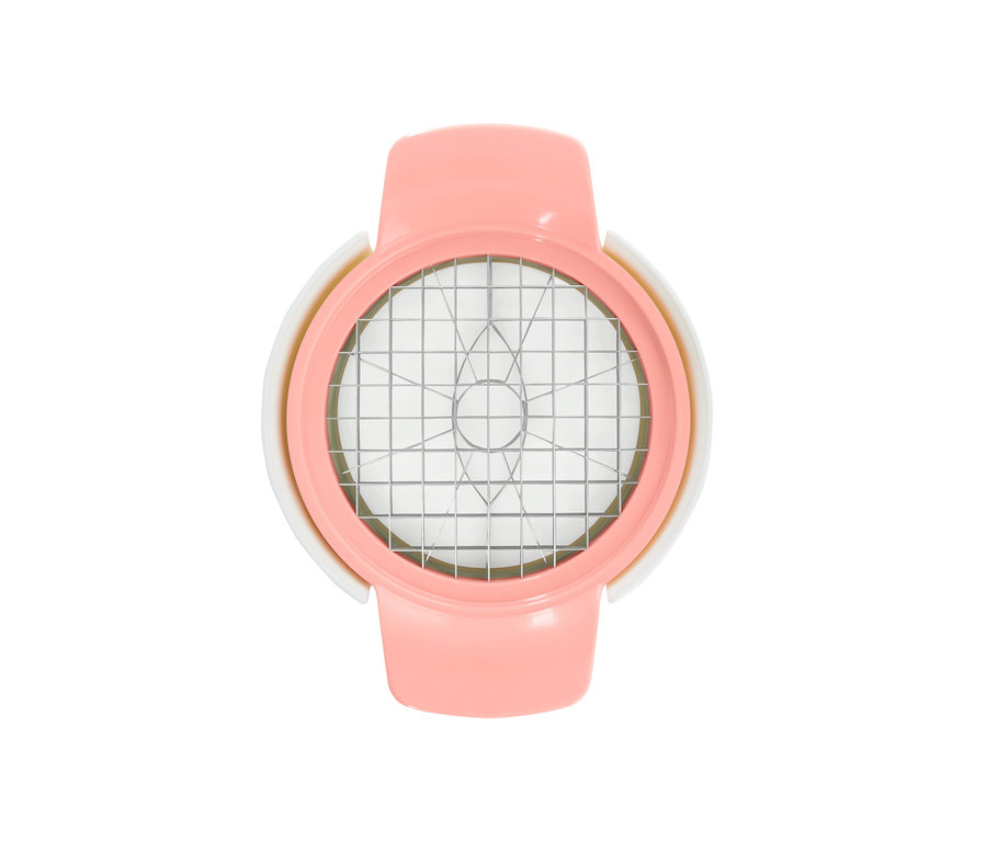 Pembe saplı ve beyaz kenarlı 3'ü 1 arada meyve kesiciye yakın çekim.