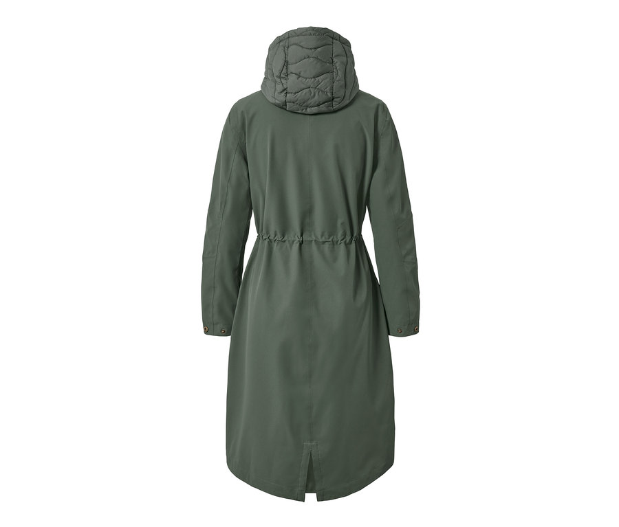 Kapüşonlu haki renkli 2'si 1 Arada Outdoor Parka'nın arka görünümü.