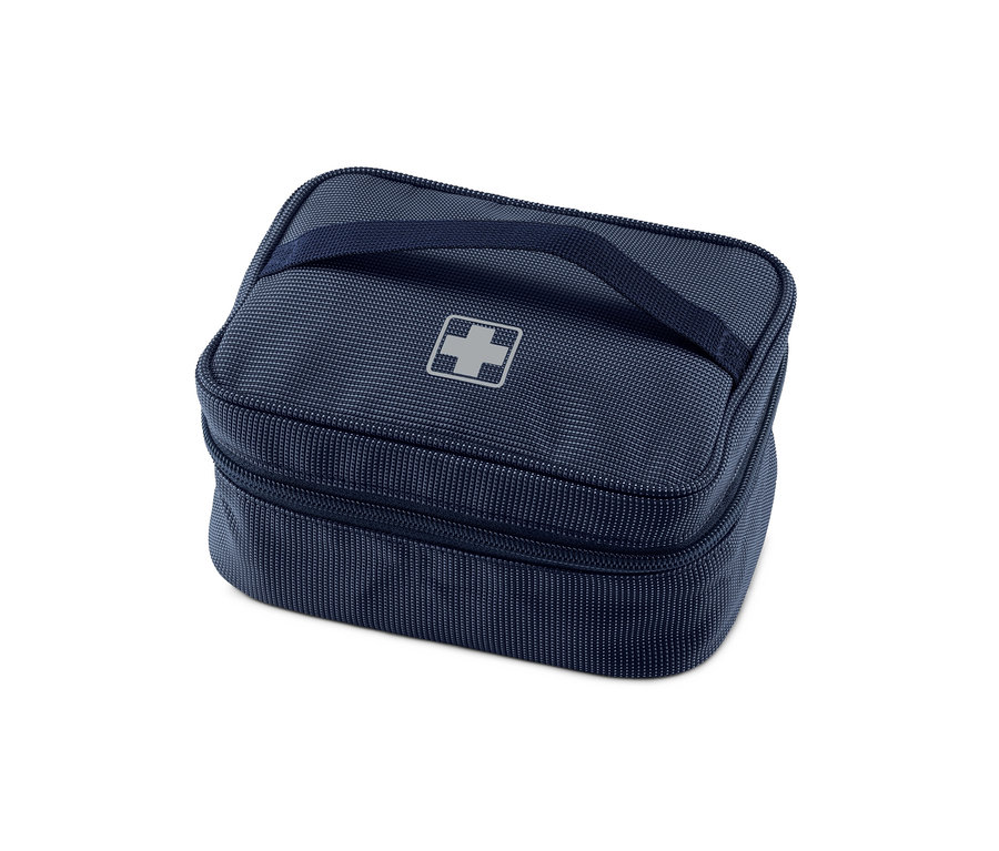 Ortasında beyaz bir haç bulunan, saplı mavi bir ilaç çantası.