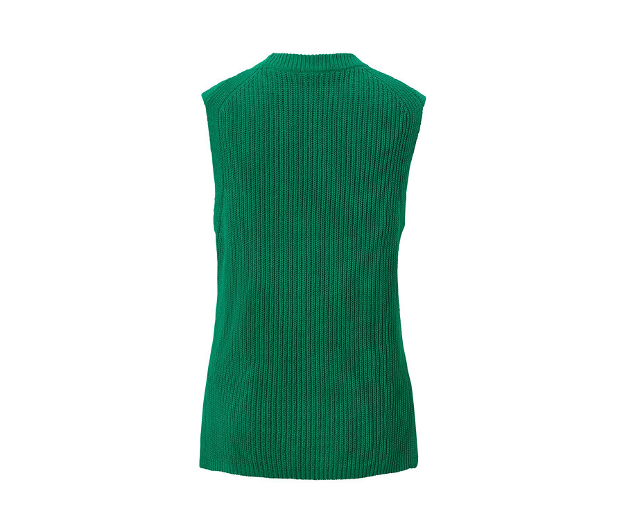 Yeşil kalın örgü kolsuz süveterin arka detay görünümü.