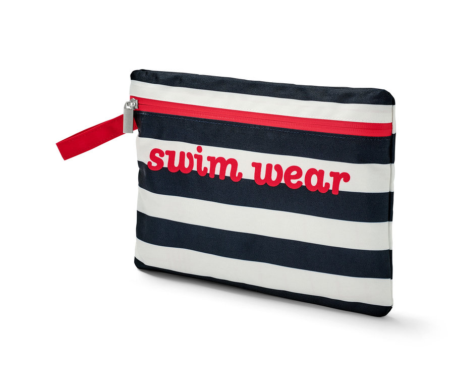 Kırmızı fermuarlı ve swim wear yazılı çizgili Islak Eşya Çantası.