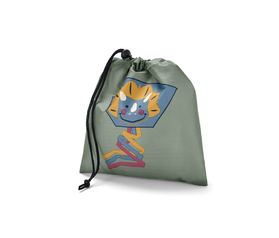 İpli ve çizgi film yüzlü yeşil Cep Uçurtması kesesi.