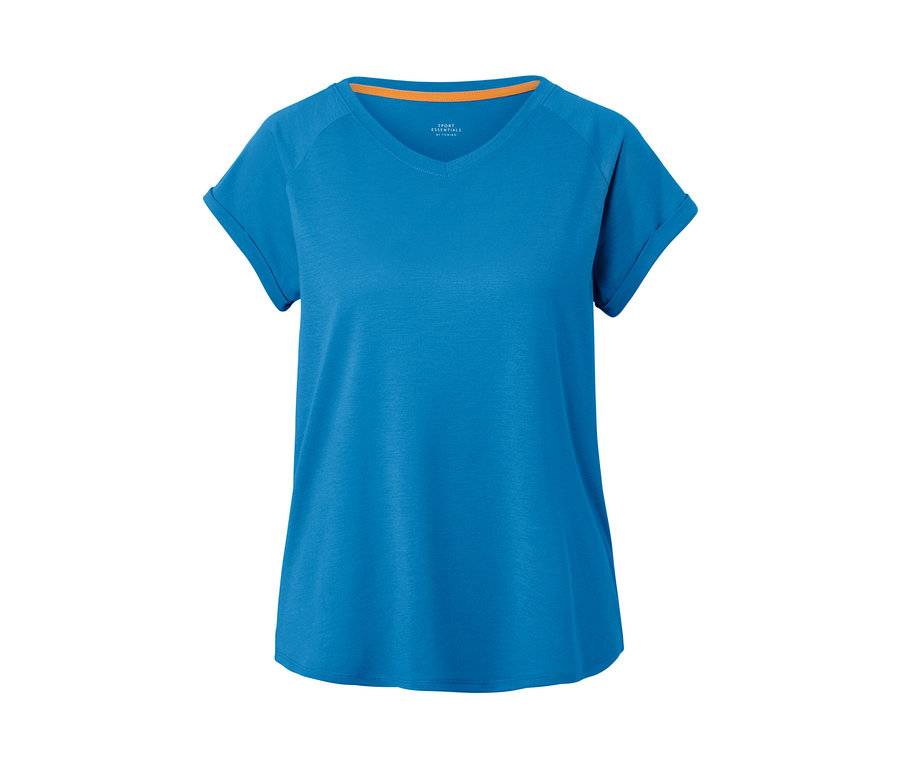 Açık mavi, kısa kollu fonksiyonel tişört.