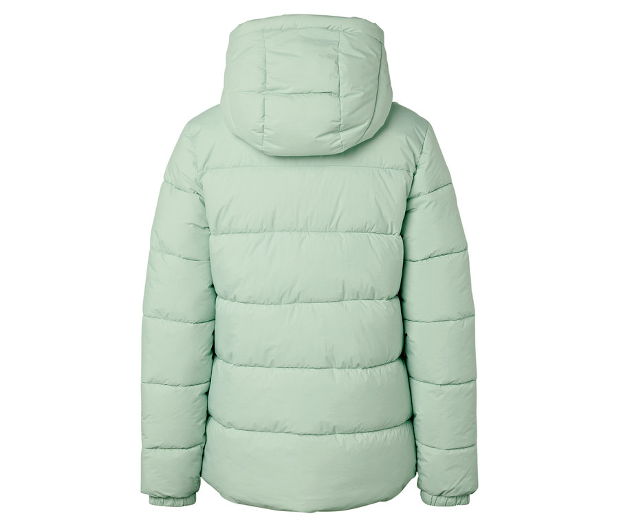 Kapüşonlu, açık yeşil, kapitone bir montun arka görünümü.