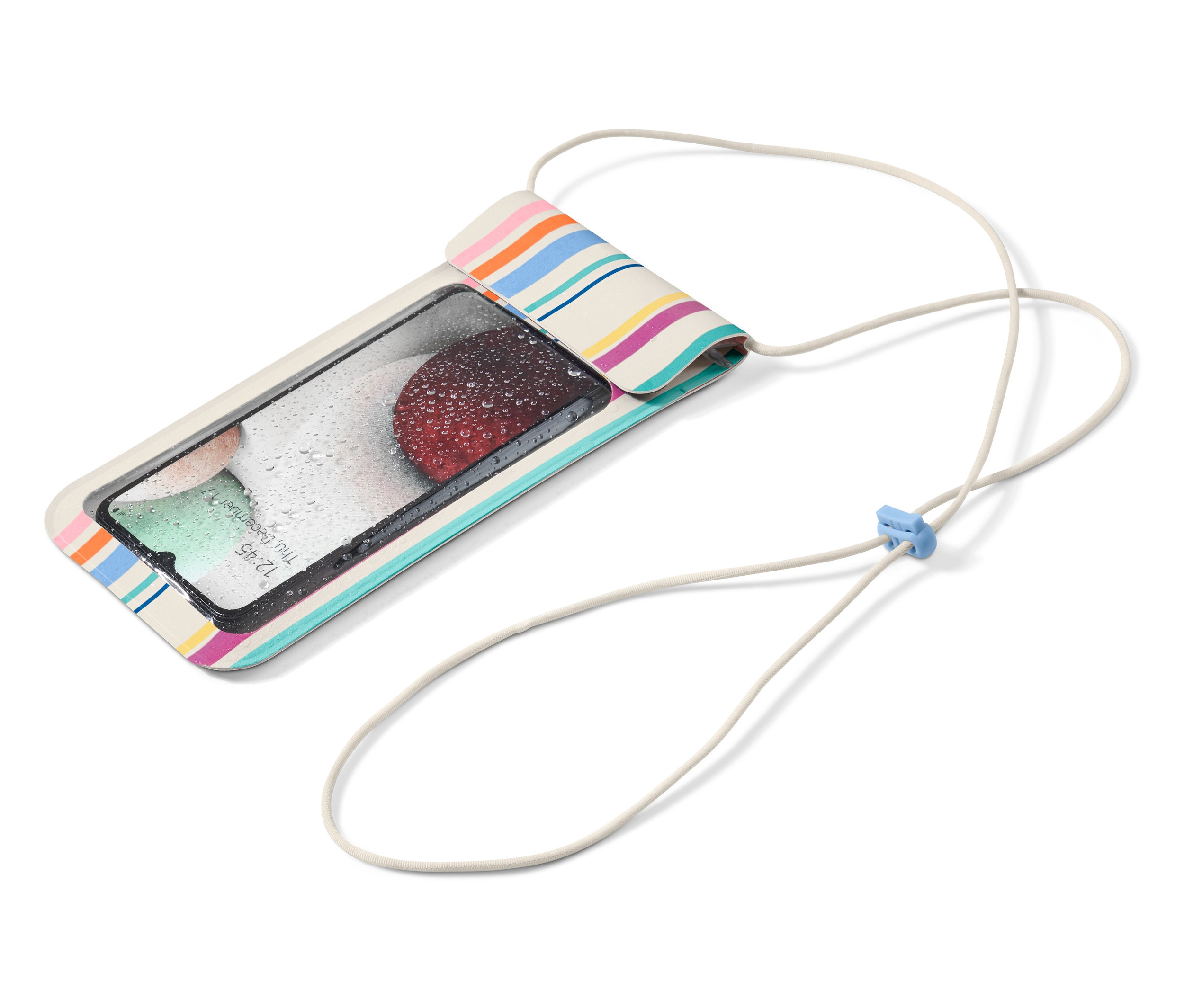 Renkli şeritli ve kordonlu, su geçirmez akıllı telefon kılıfı.