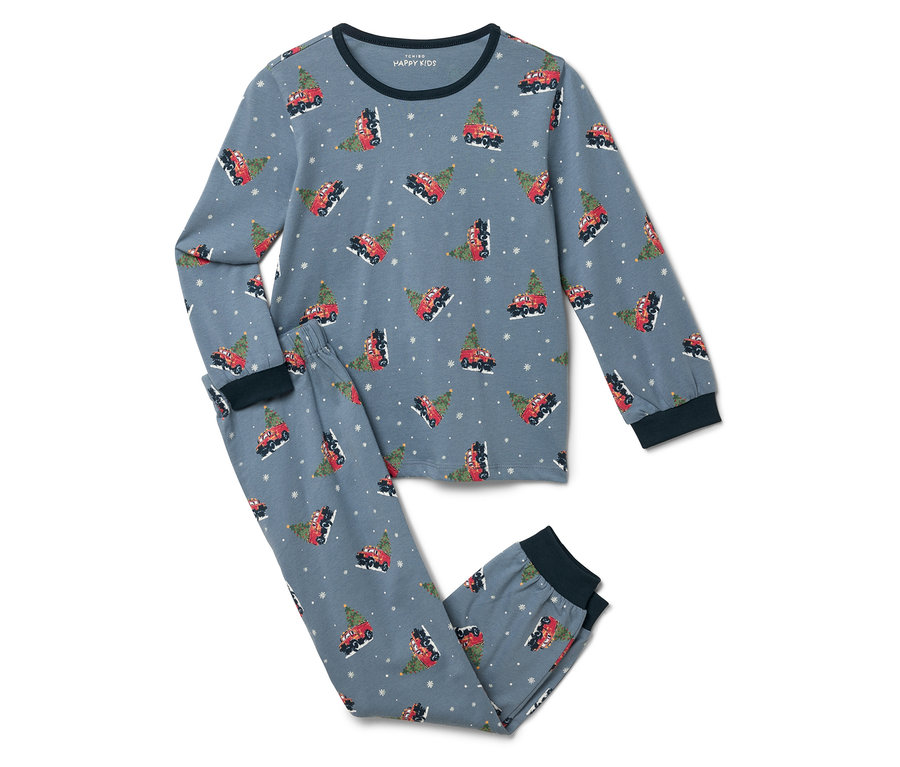 Kırmızı arabalar ve Noel ağaçları baskılı mavi pijama.