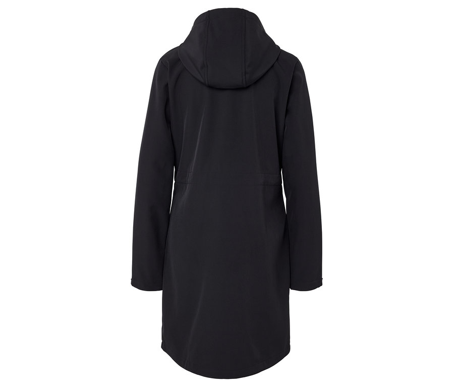 Siyah kapüşonlu palto, arkadan görünüm.