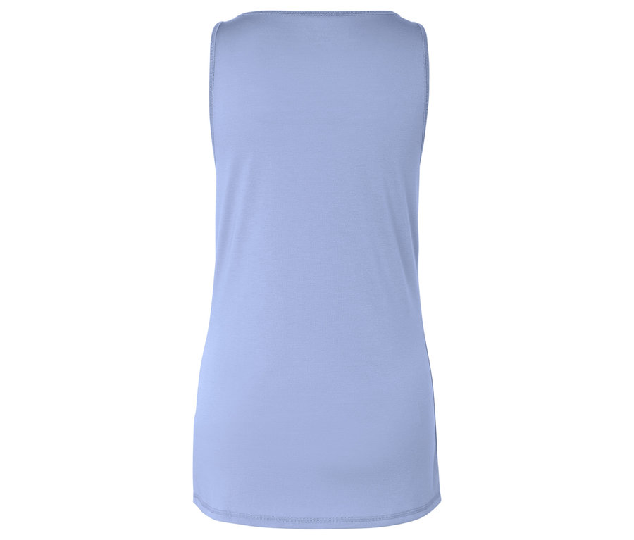 Açık mavi, kolsuz bir üst giysinin arka görünümü.