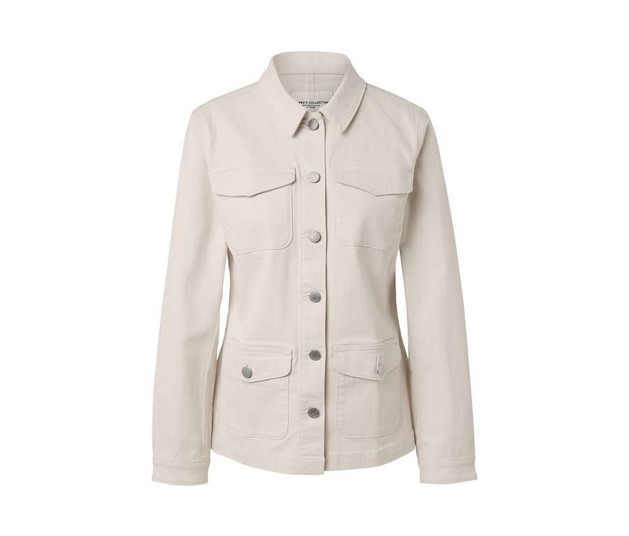 Krem rengi, kargo cepli, düğmeli kot ceket.