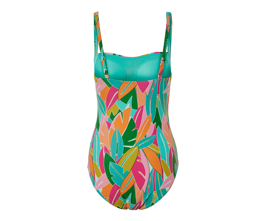 Yaprak desenli, çok renkli, şekillendirici mayonun arka detay görünümü.