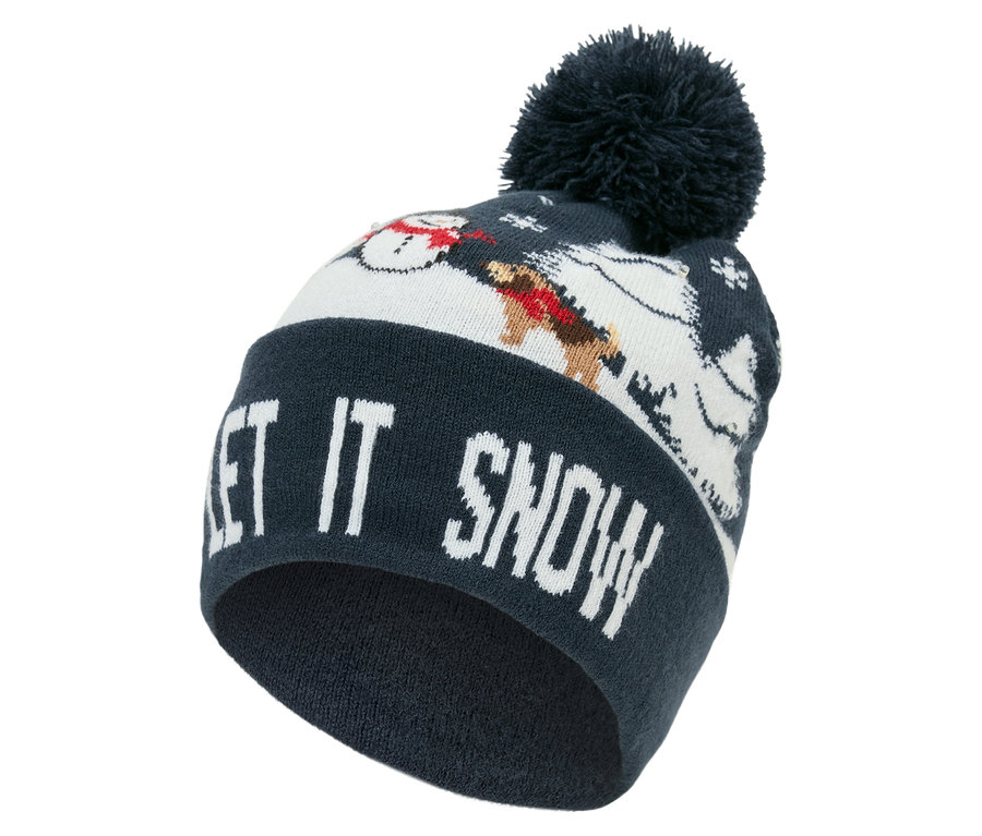 Ponponlu, LET IT SNOW yazılı ve kardan adam resimli lacivert örgü bere detayı.