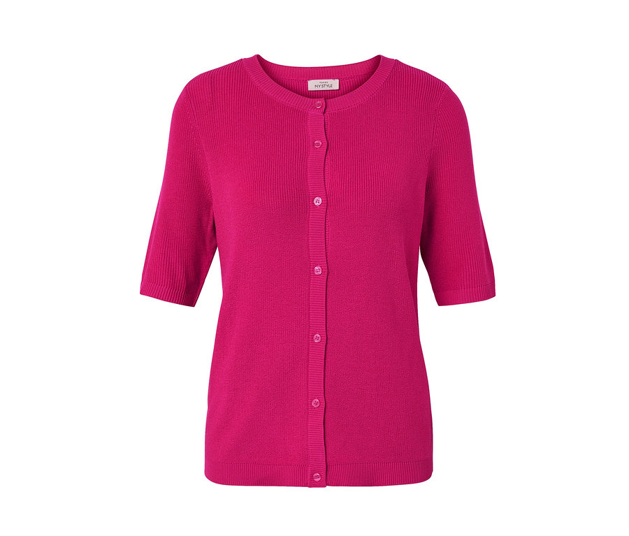 Pembe, ince örgü, ketenli, kısa kollu, düğmeli hırka.