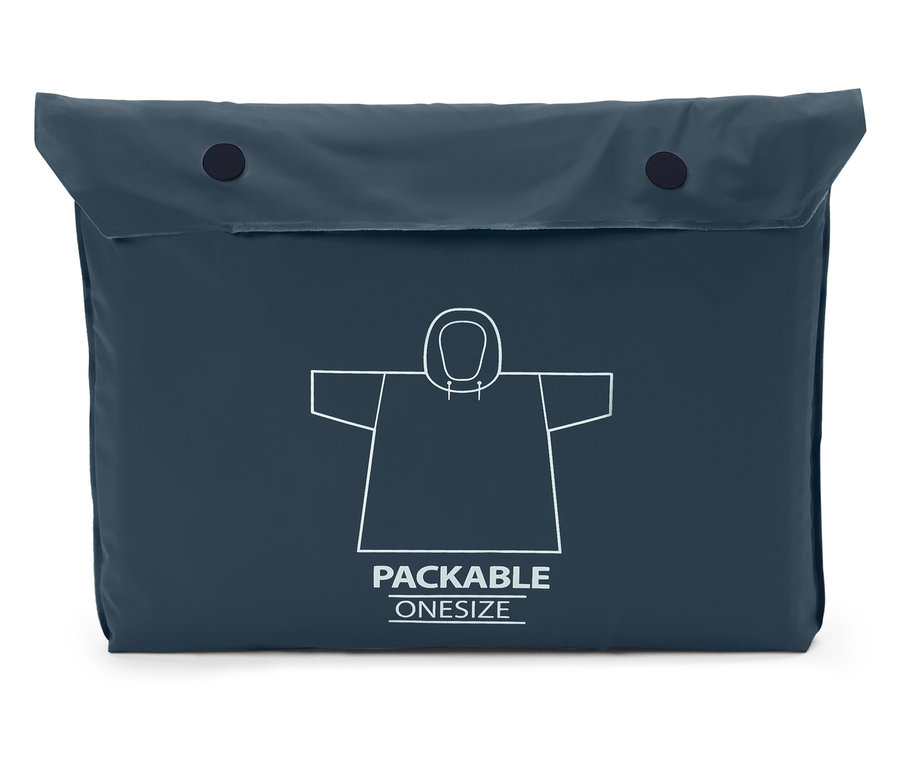 Lacivert, paketlenebilir, kapüşonlu yağmurluk, beyaz yağmurluk ana hattı ve PACKABLE ONESIZE yazısı ile birlikte gösterilmektedir.