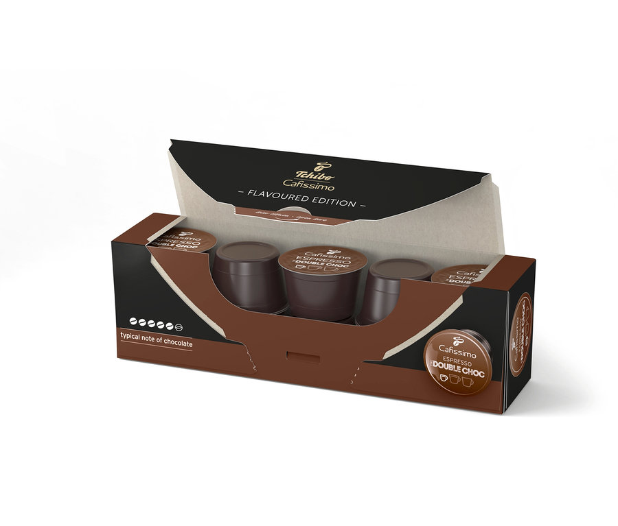 İçinde kapsüller bulunan, açılmış Cafissimo Flavoured Espresso – Double Choc kapsül paketi.