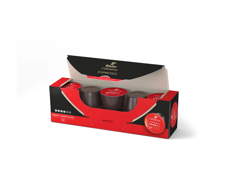 Açık kırmızı ve siyah kutuda 10 adet Tchibo Cafissimo Espresso Elegant Aroma kahve kapsülü. İçinde birkaç koyu kahverengi kapsül görünüyor.
