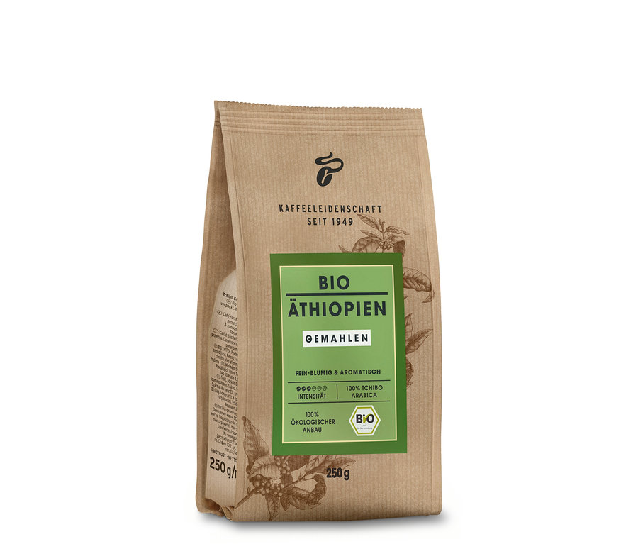 250 g öğütülmüş Organik Etiyopya kahve paketi.