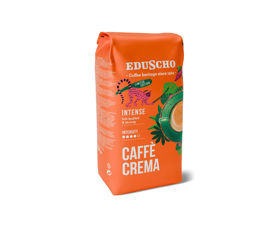 Turuncu Eduscho Caffè Crema Intense 1 kg çekirdek kahve paketi.