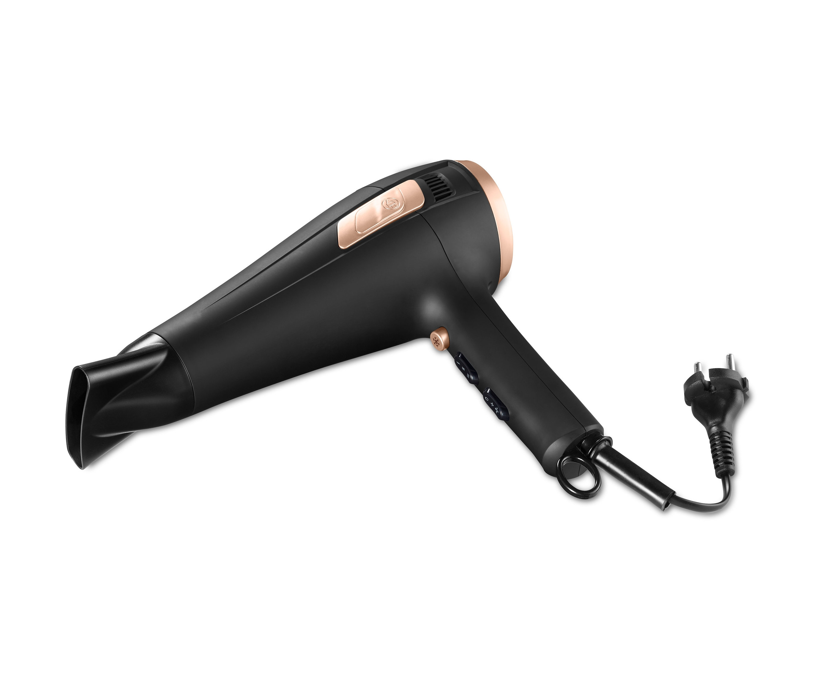 Bakır detaylara sahip siyah bir Beurer HC 56 saç kurutma makinesi beyaz bir zeminde duruyor.