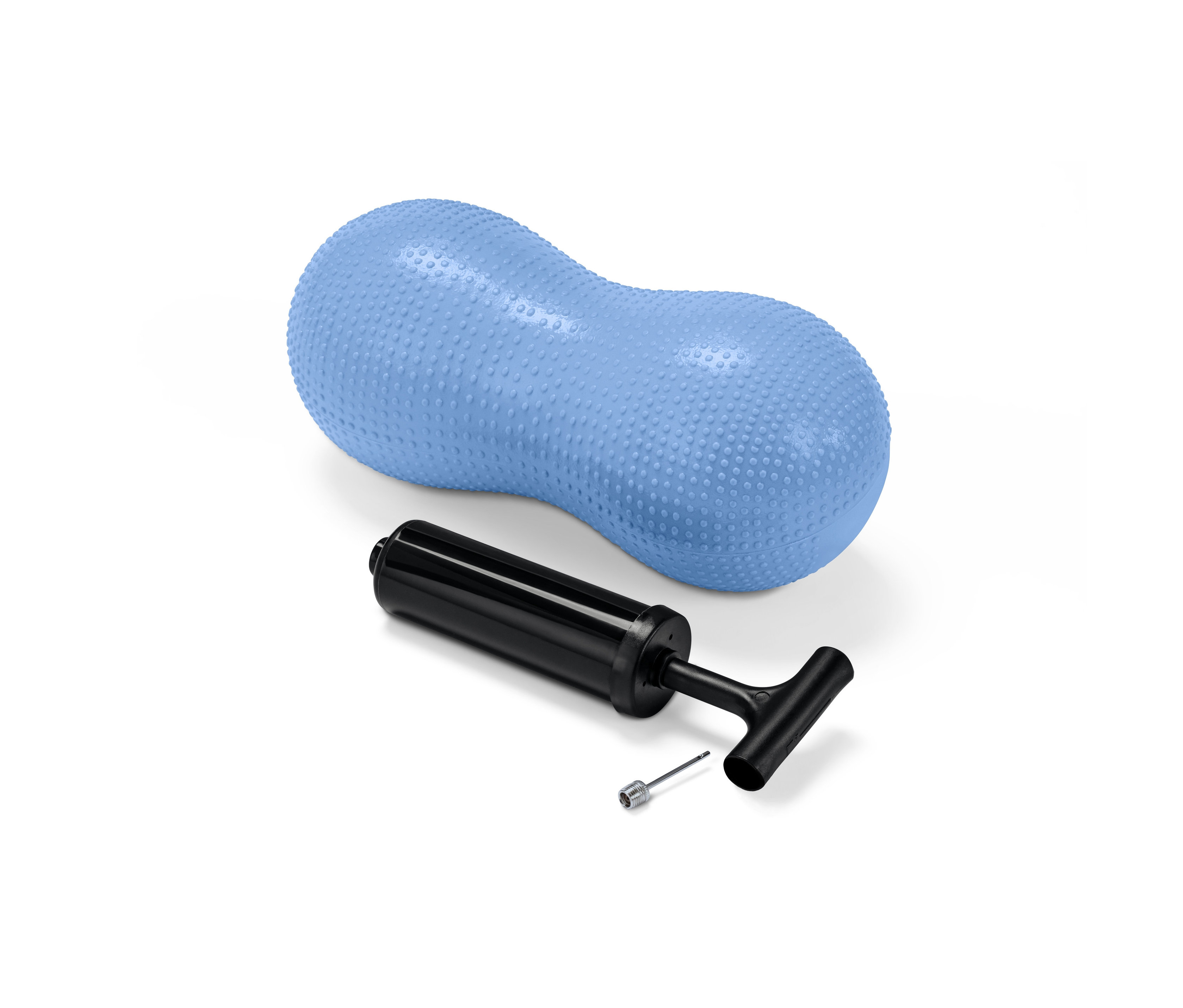 Mavi oval jimnastik topu ve siyah el pompası.