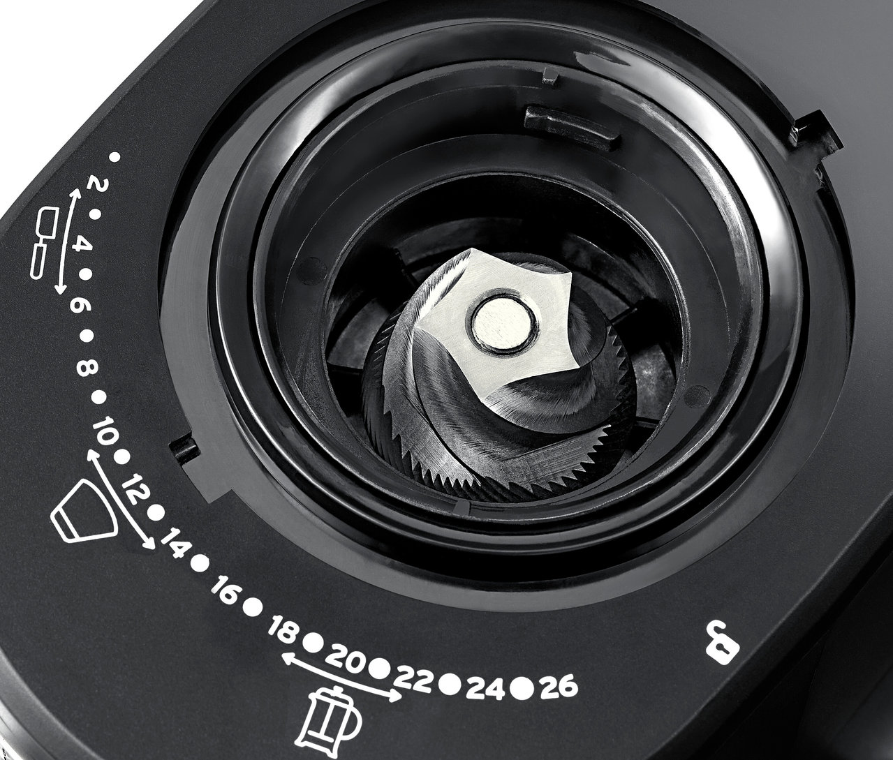 Kahve Değirmeni, Elektrikli cihazının iç kısmının yakın çekim görüntüsü.