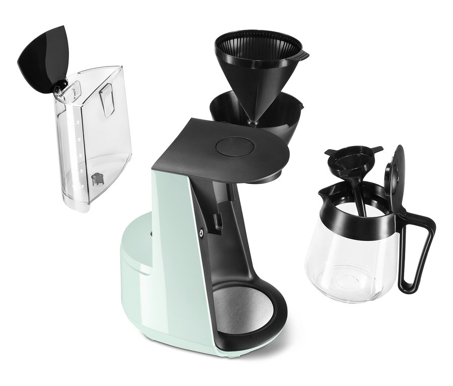 Demonte edilmiş açık yeşil »Let's Brew« Filtre Kahve Makinesi.