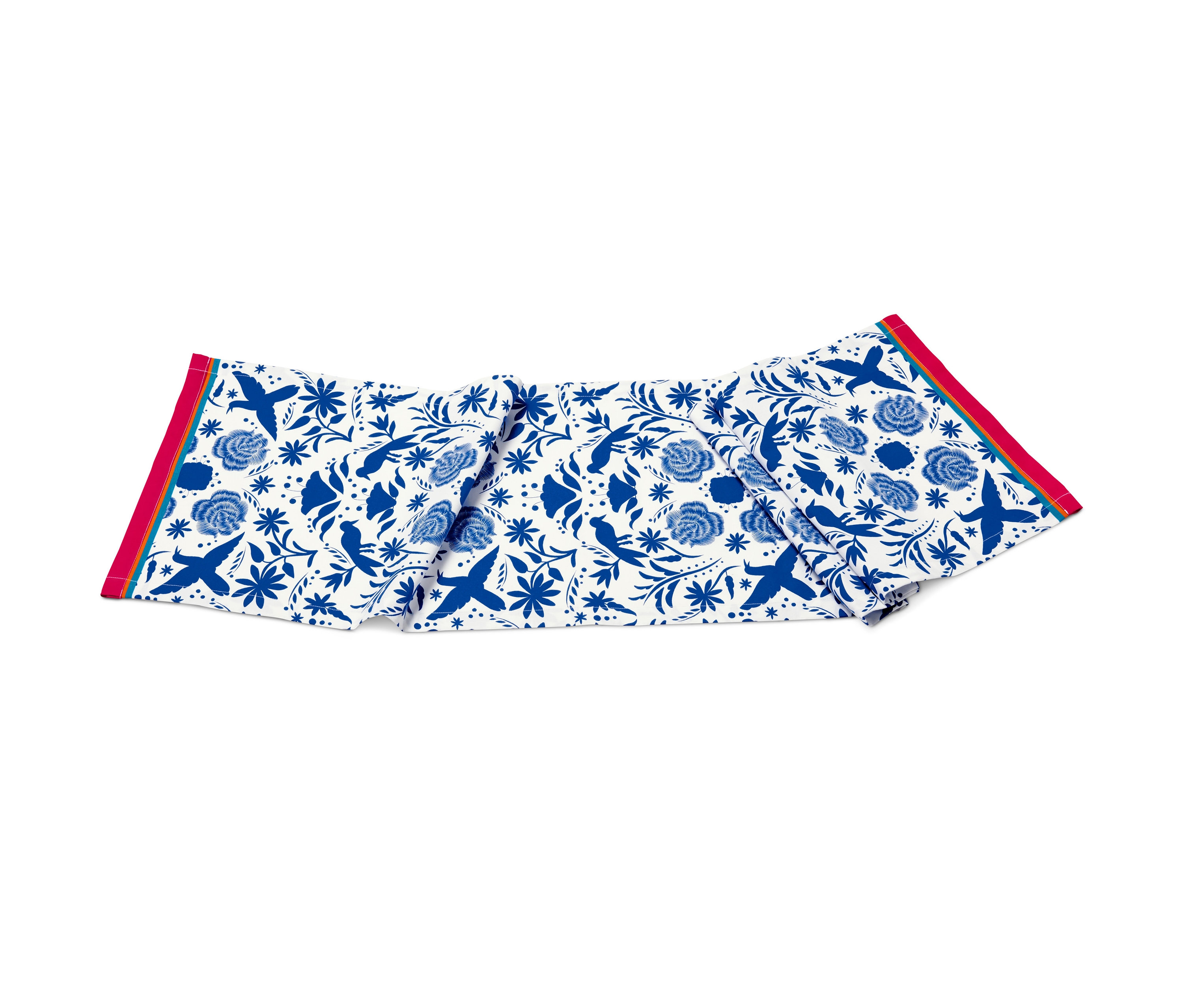 Mavi çiçek ve kuş desenli organik pamuklu şerit örtü.