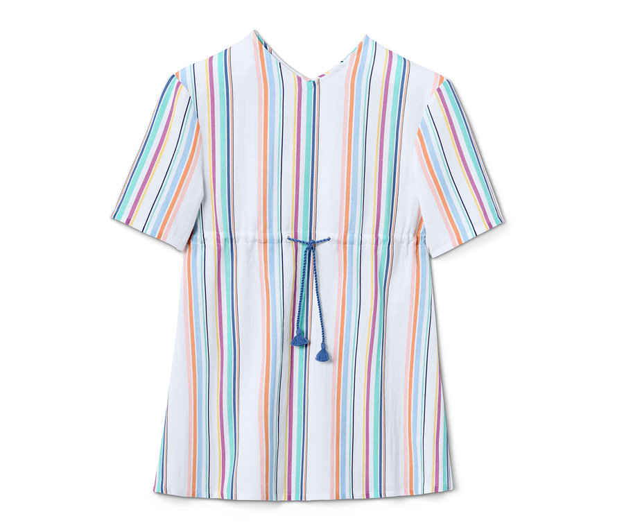 Belinde mavi büzgüsü olan, çizgili, organik pamuktan kaftan