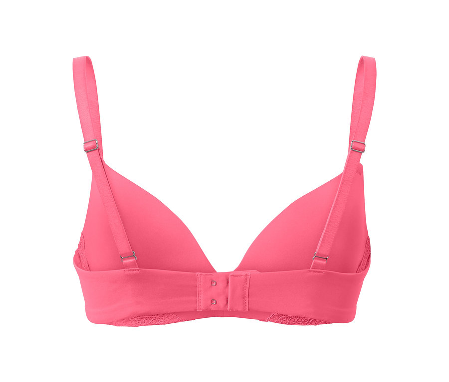 Pembe, yumuşak kalıplı bir sütyenin arka detay görünümü.