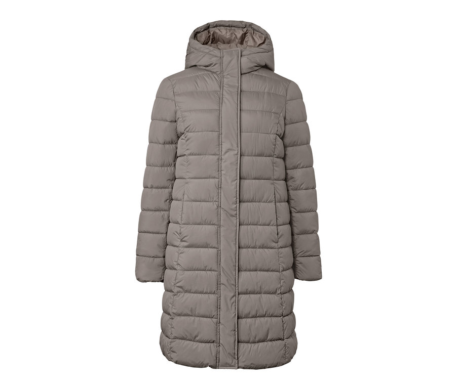 Boz kahverengi kapüşonlu kapitone mont.