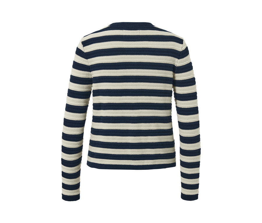 Mavi ve krem rengi çizgili, dokulu örgü hırka.