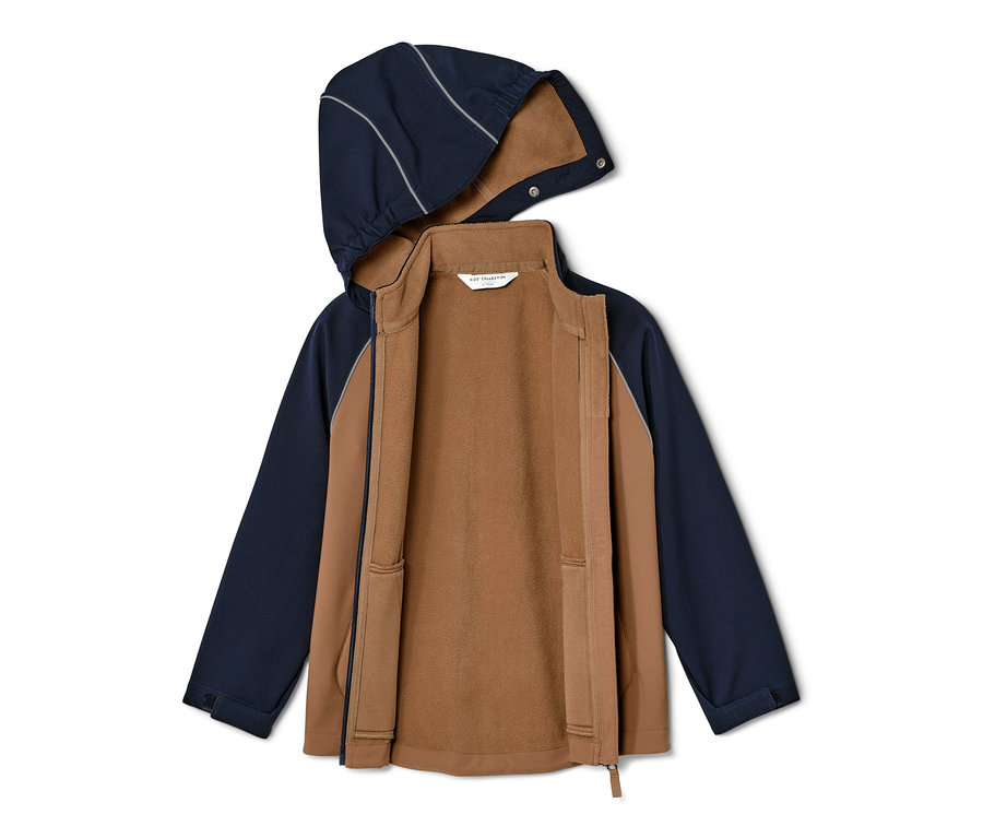 Açık, kapüşonlu, mavi ve kahverengi çocuk softshell mont.