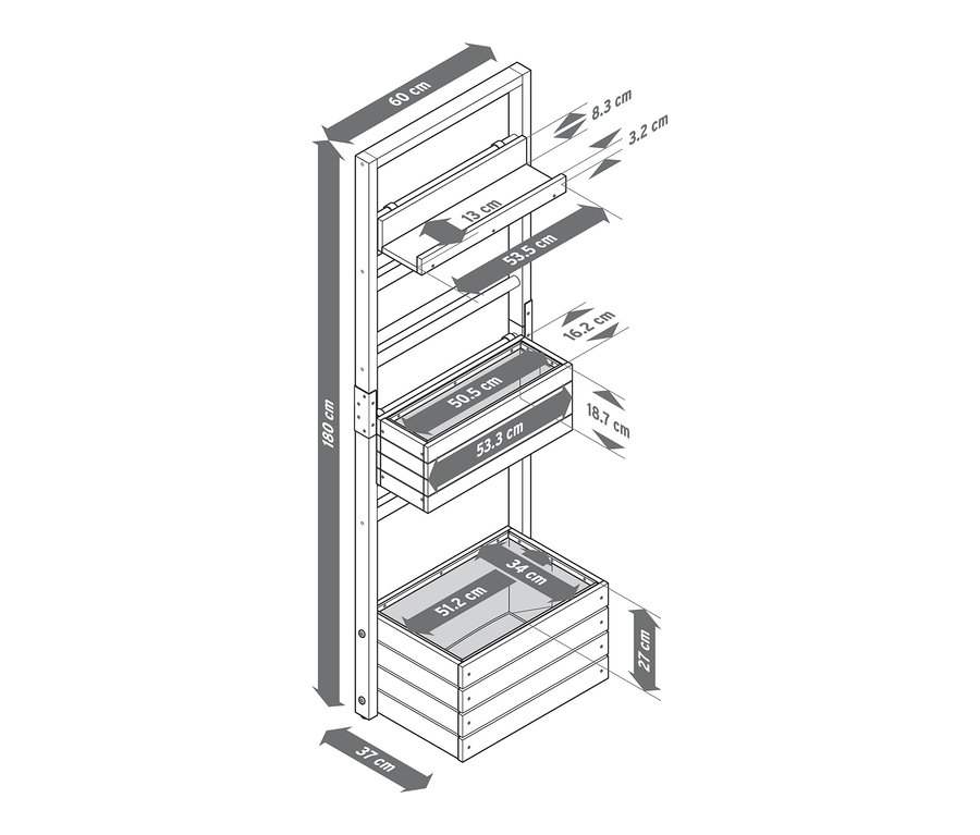 Bitki Duvarı »Elin«in esnek bir şekilde asılabilen elemanları ve boyutları olan şematik çizimi.
