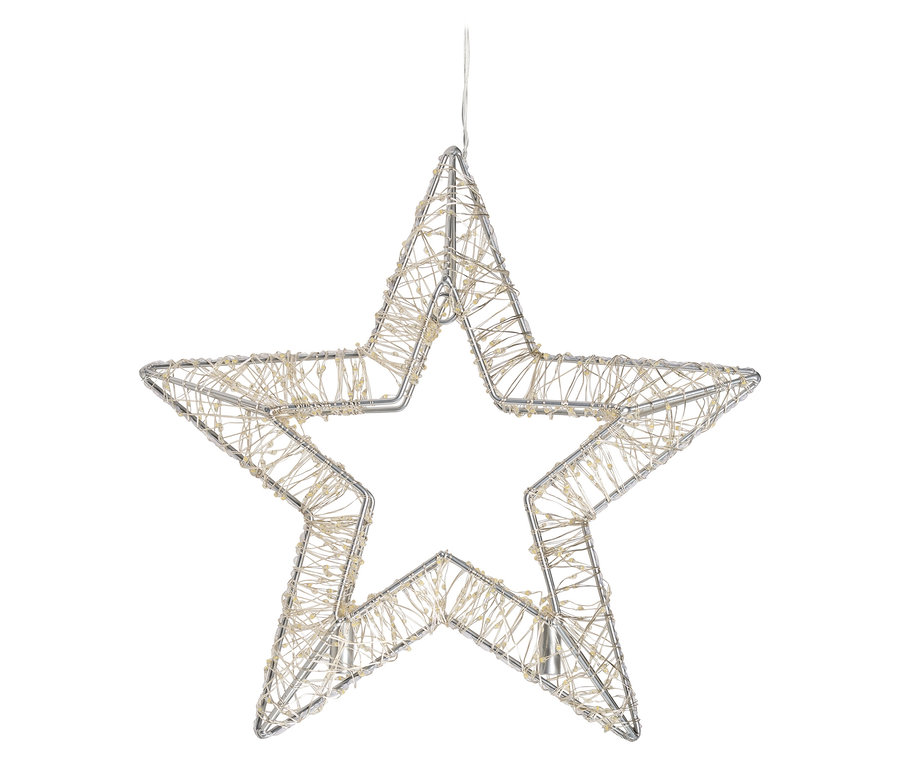 Asılı duran, küçük ışıkları olan gümüş rengi tel yıldız.