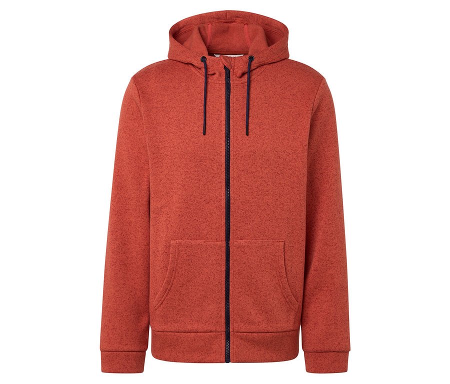 Turuncu kapüşonlu, tam fermuarlı sweatshirt.