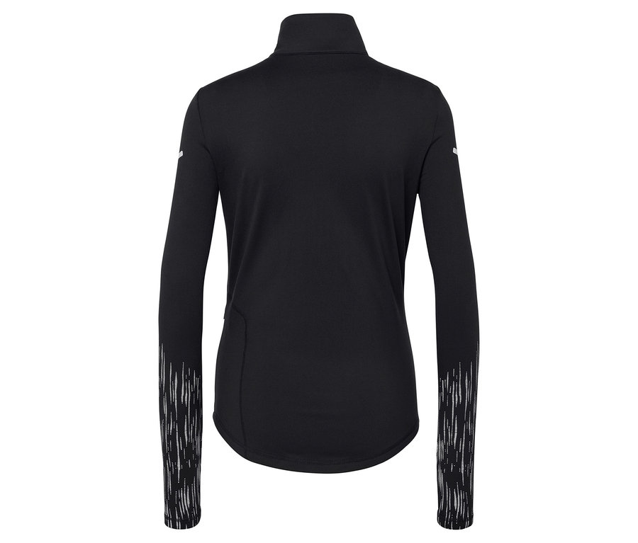 Kollarında dekoratif şeritler bulunan siyah, uzun kollu spor tişörtü.