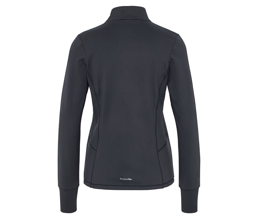 Arka tarafında Dry Active Plus yazısı bulunan, uzun kollu, fermuarlı, koyu gri renkli spor ceket.