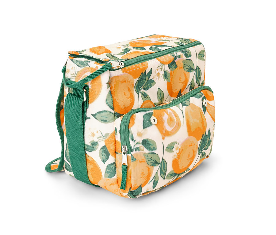 Turunç deseni, yeşil detayları ve taşıma askısı olan mini soğutucu çanta.