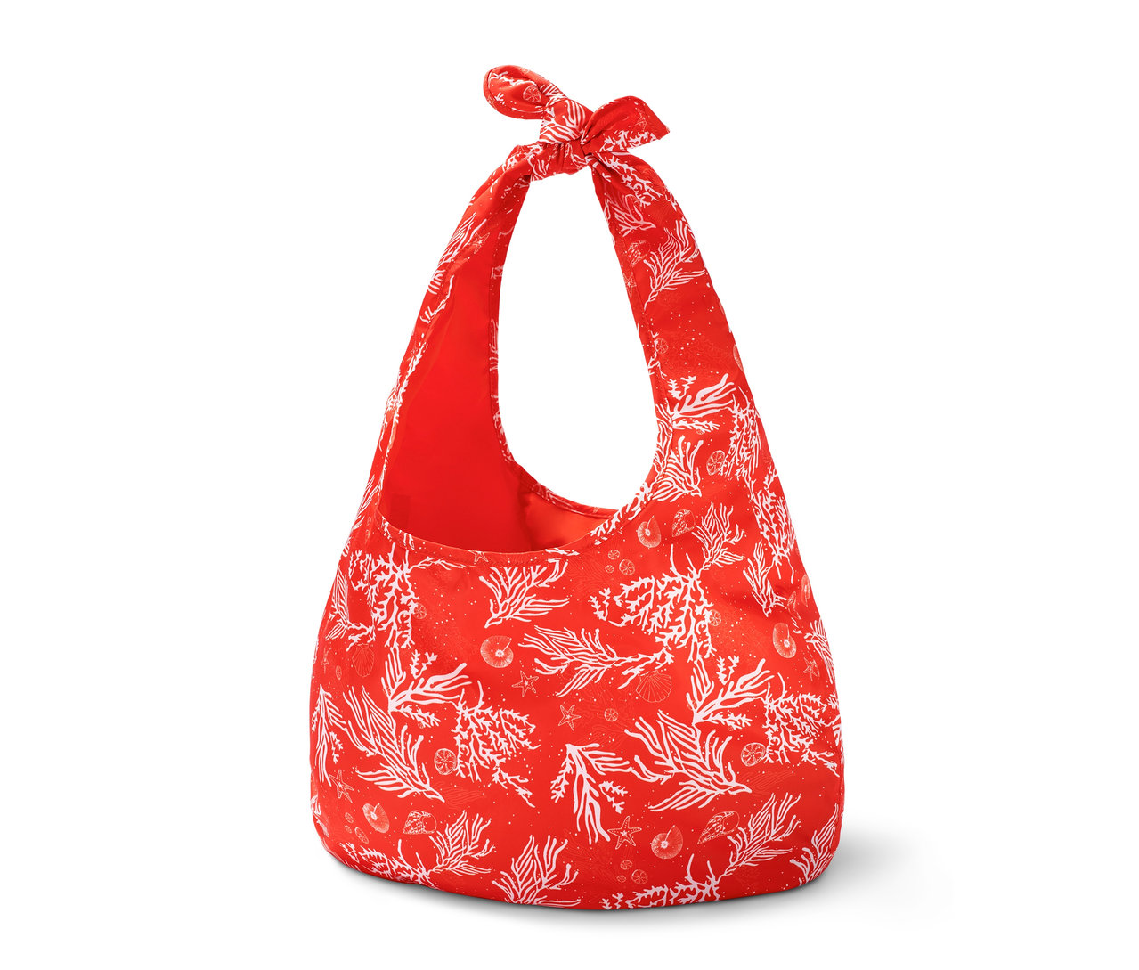 Beyaz mercan desenli kırmızı katlanabilir plaj çantası.