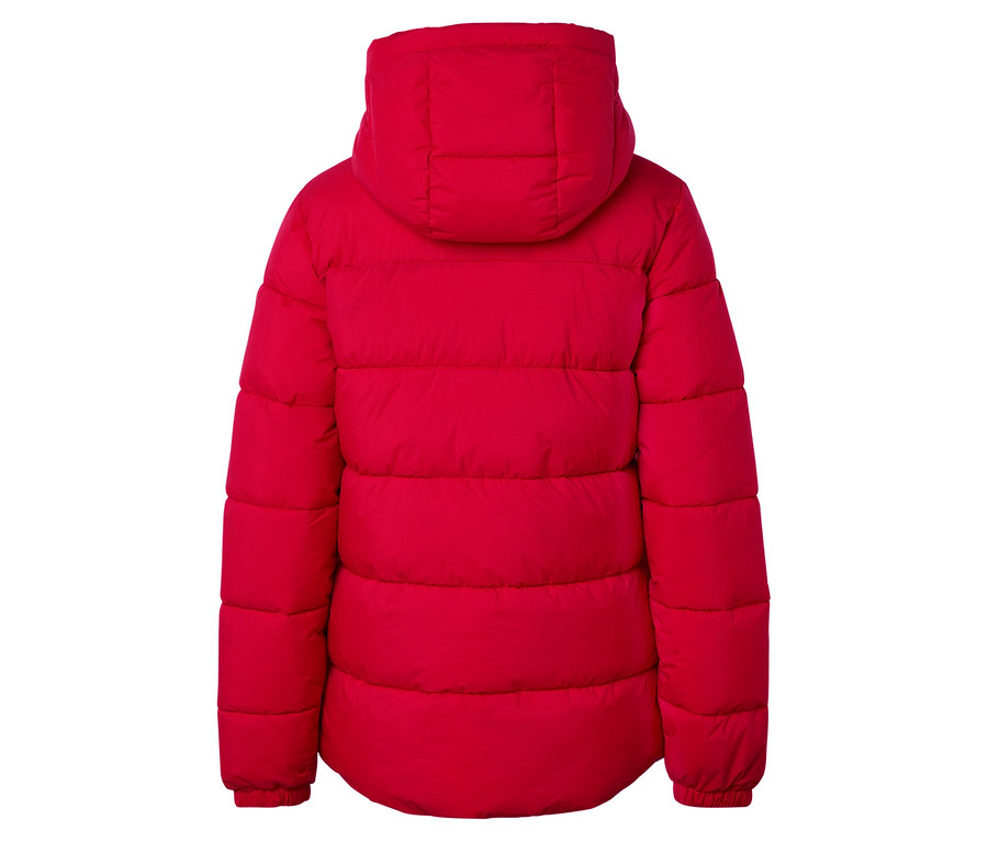 Kapüşonlu kırmızı bir şişme montun arka görünümü.