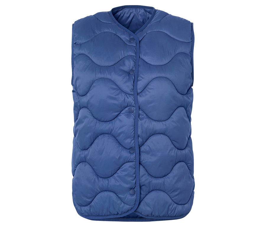 Düğmeli mavi kapitone yelek.