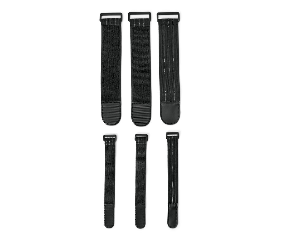 Beyaz bir arka plan üzerinde 3 yukarıda ve 3 aşağıda olmak üzere altı siyah elastik sabitleme kayışı.