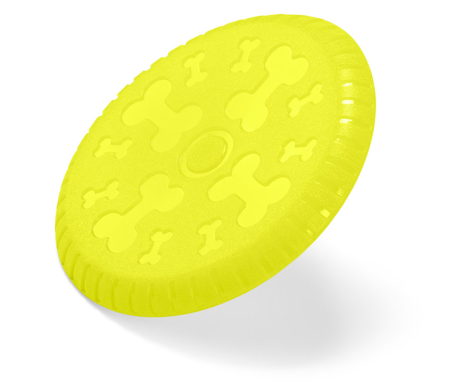 Beyaz arka planda kemik kabartmalı sarı köpek frizbi.