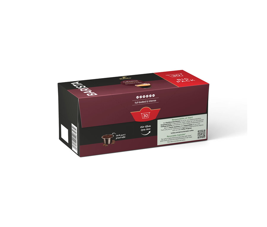 Koyu kırmızı Tchibo Barista kapsül paketi, üzerinde "full-bodied & intense" yazısı ve "Burayı açın" notu bulunuyor.