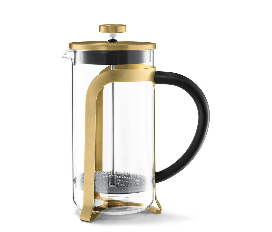 Beyaz bir arka plan üzerinde, siyah saplı, altın rengi, 6 fincan kapasiteli, 800 ml'lik French Press.