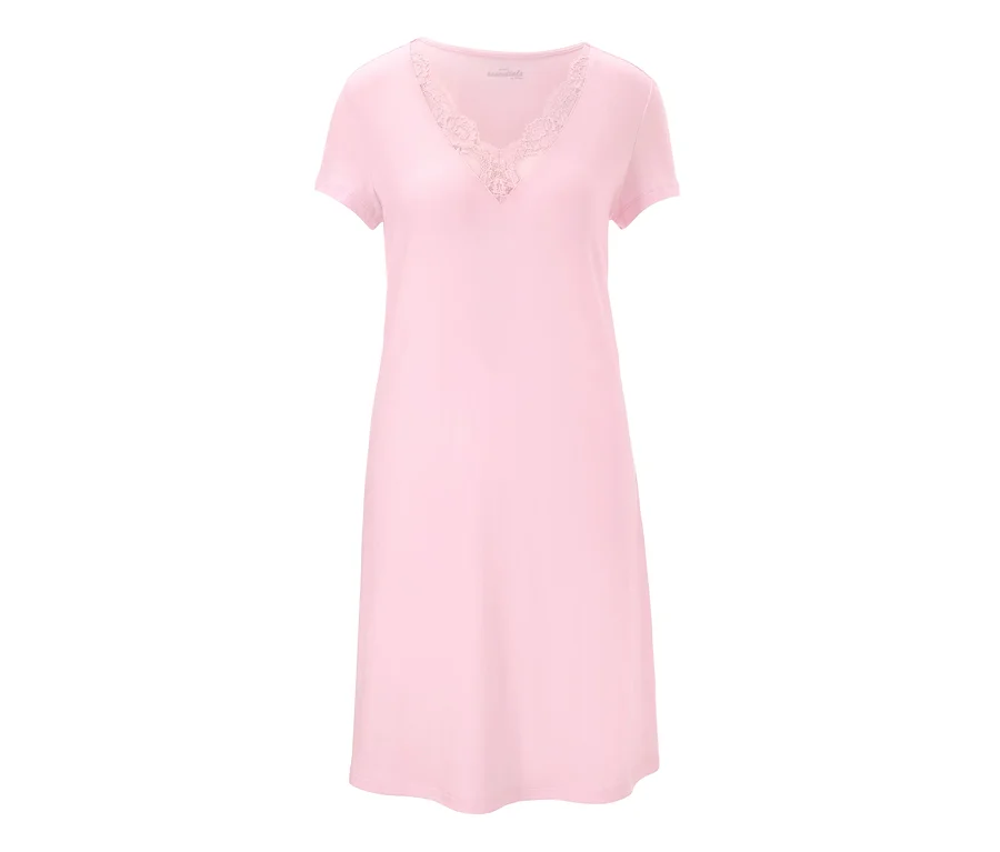 Pembe, kısa kollu, dantel yakalı gecelik.