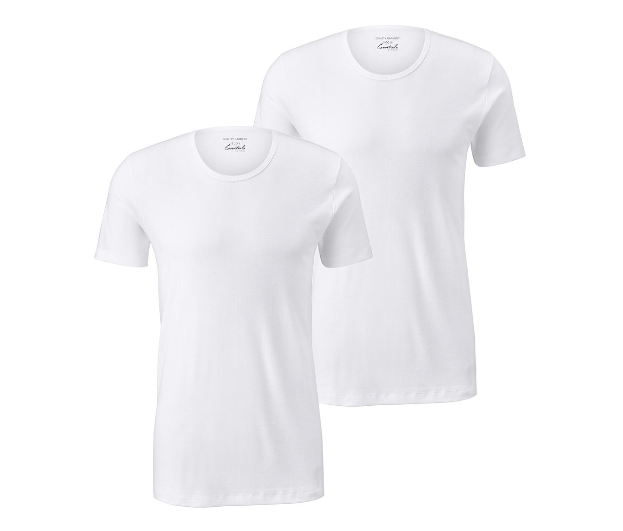 İki adet beyaz kısa kollu ince ribanalı tişört üst üste duruyor.