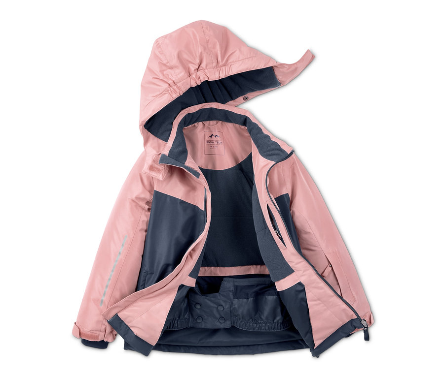 Pembe ve lacivert renklerde açık kız çocuk kayak montu.