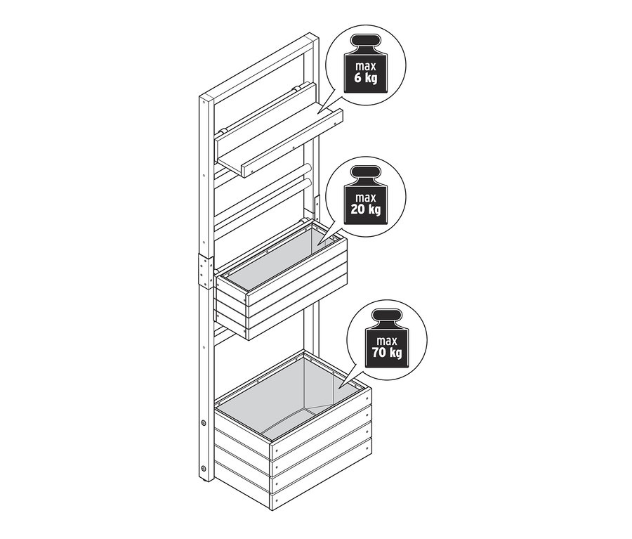 Esnek şekilde takılabilir elemanlara ve raflara sahip »Elin« bitki duvarı çizimi.